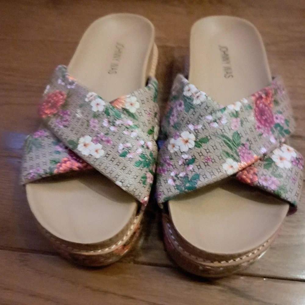 Johnny Was Floral Crisscross Platform Slide Sandals Boho Multi Color Womens Sz 6